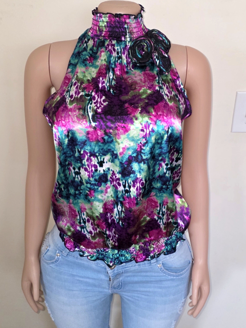 Iz Byer Multicolor Halter Floral Print Blouson Top